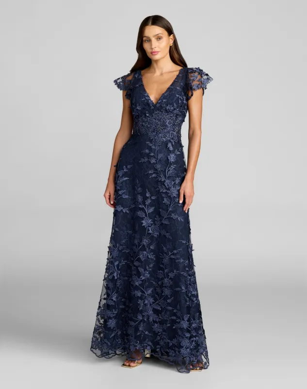 Navy Embroidered Applique Wrap Over Flutter Sleeve Gown made by Mac Duggal