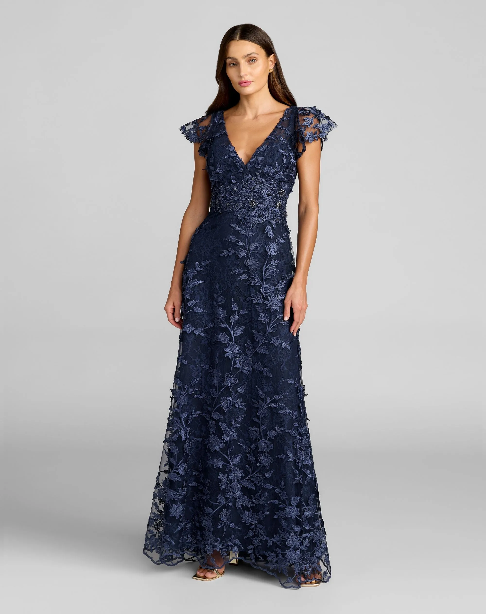 Navy Embroidered Applique Wrap Over Flutter Sleeve Gown sold by Mac Duggal