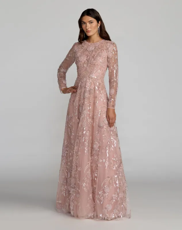 Embroidered Tulle Long Sleeve A Line Gown made by Mac Duggal