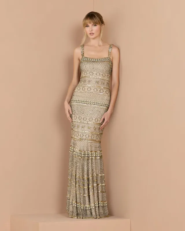 Gold Sleeveless Square Neck Beaded Gown made by Mac Duggal