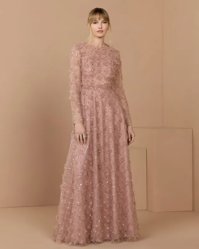 Pink High Neck Long Sleeve Embellished A-Line Gown made by Mac Duggal