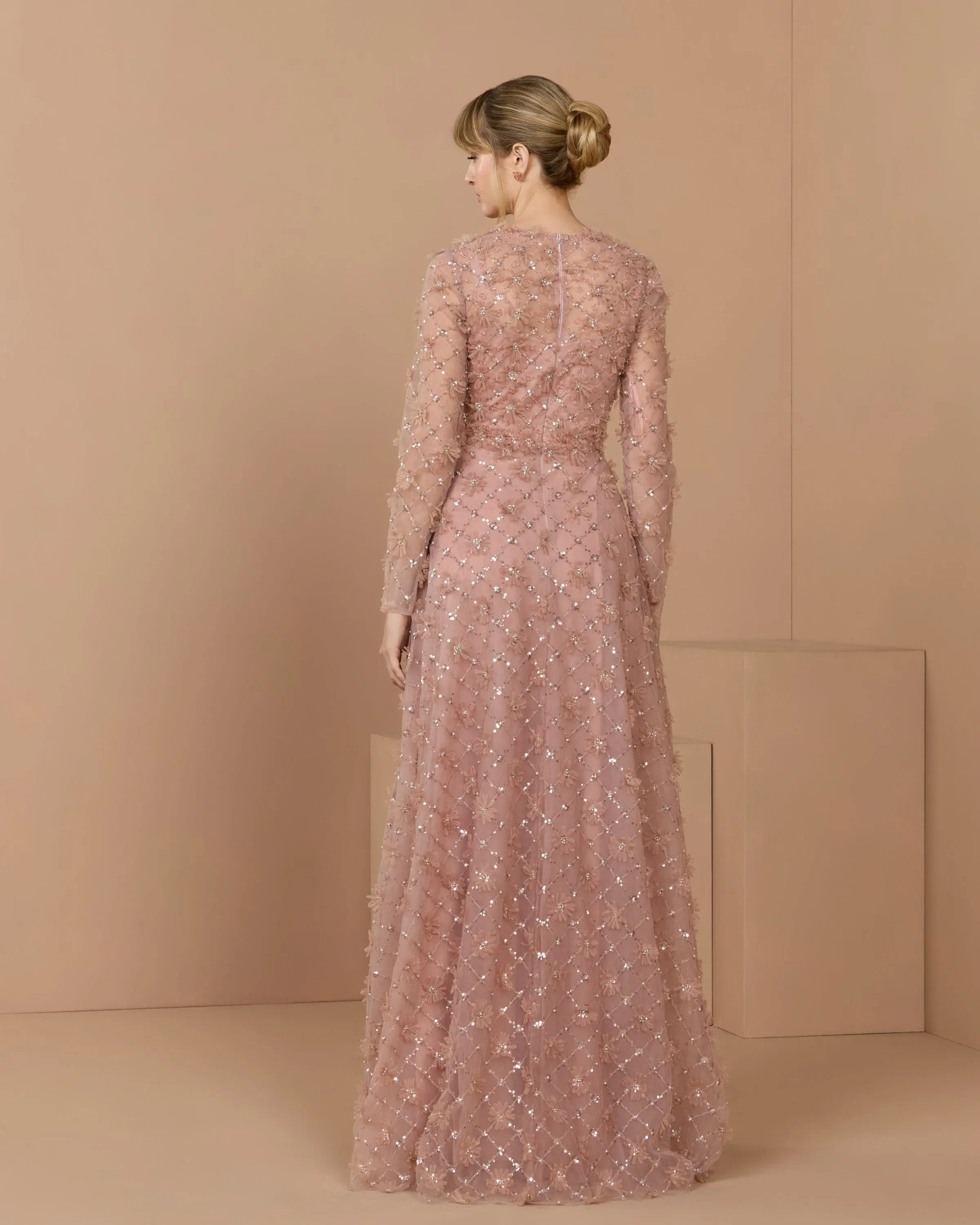 Pink High Neck Long Sleeve Embellished A-Line Gown sold by Mac Duggal product image thumbnail 4