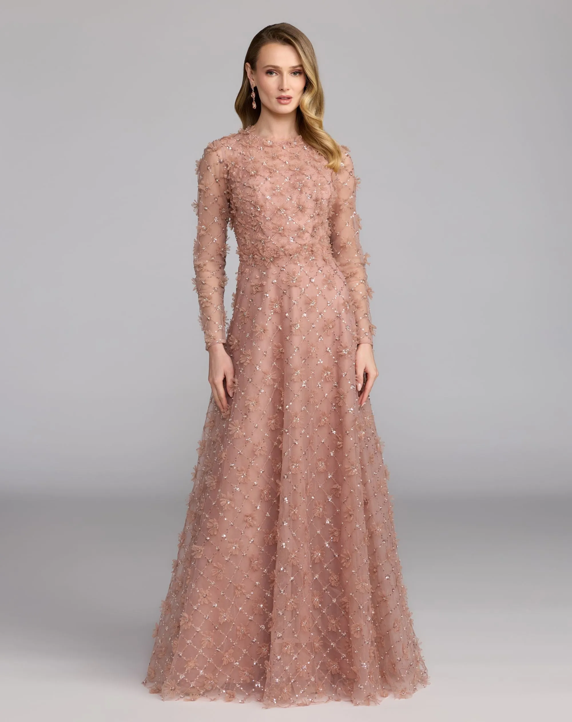 Pink High Neck Long Sleeve Embellished A-Line Gown sold by Mac Duggal product image thumbnail 5