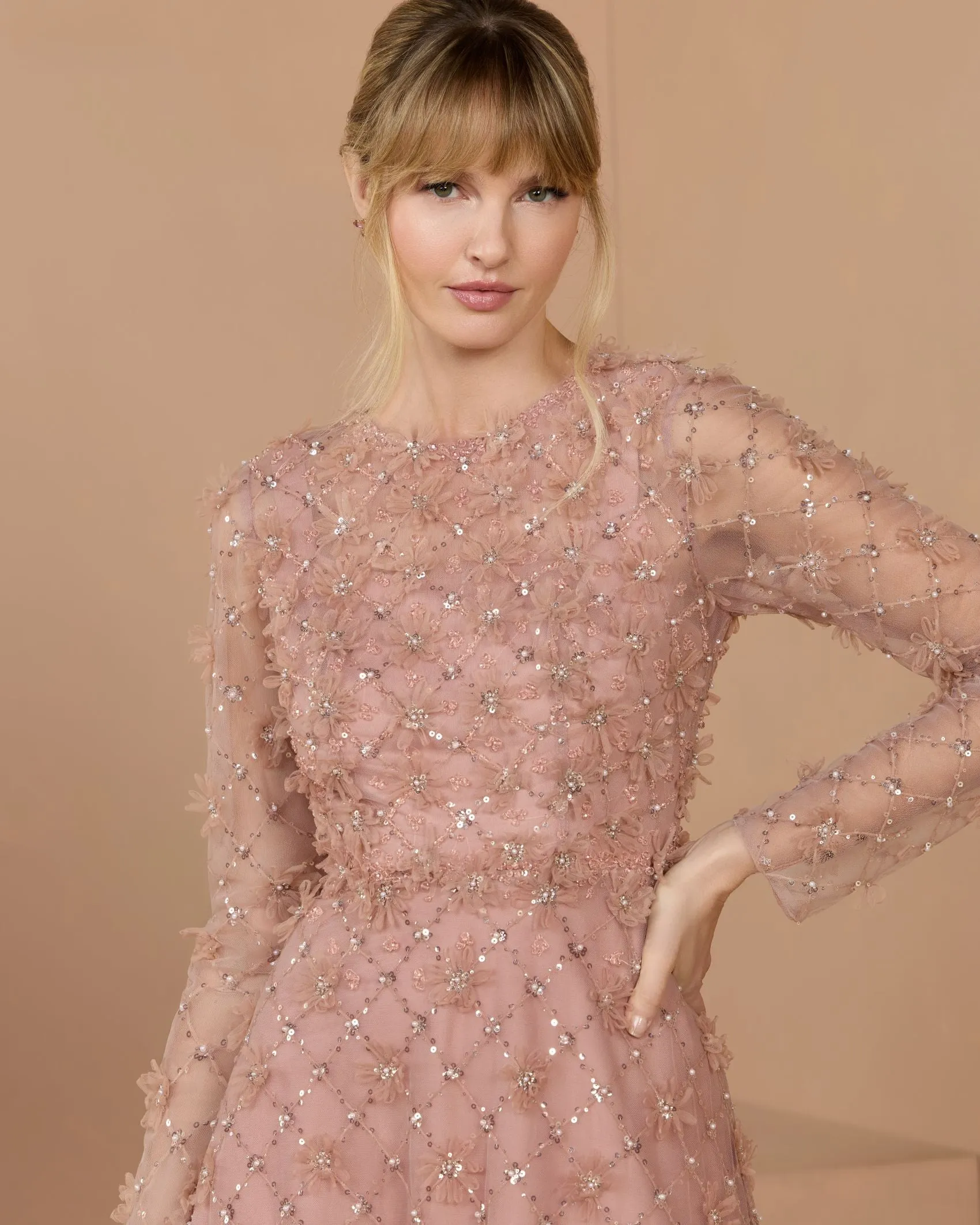 Pink High Neck Long Sleeve Embellished A-Line Gown sold by Mac Duggal product image thumbnail 2