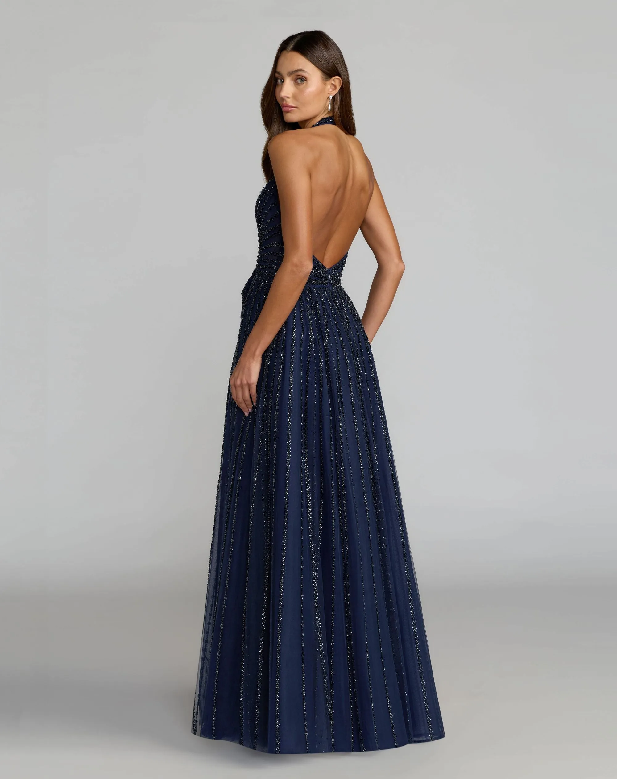 Navy Beaded Halter Neck Open Back A-Line Gown sold by Mac Duggal product image thumbnail 4