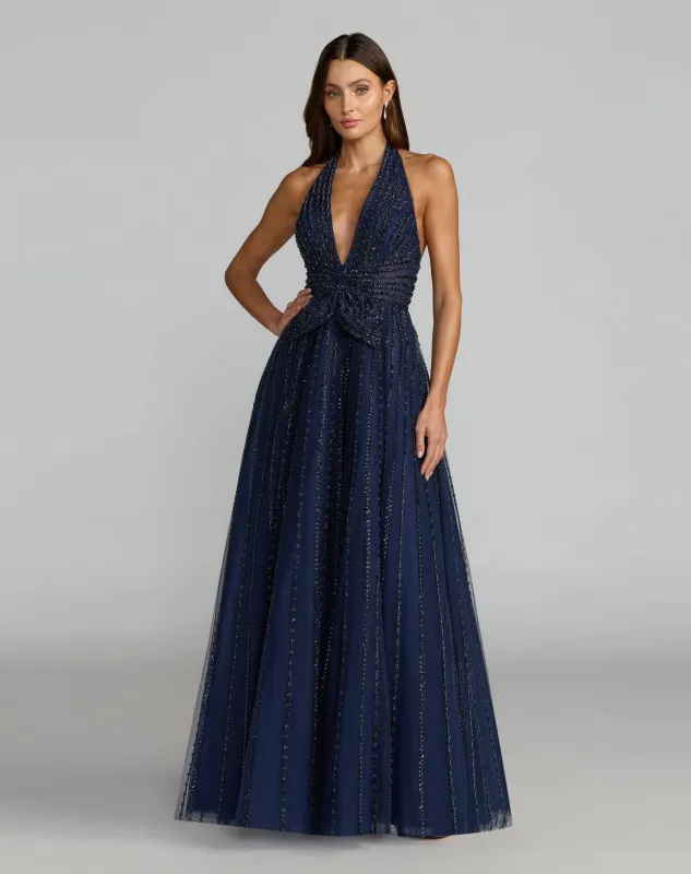 Navy Beaded Halter Neck Open Back A-Line Gown made by Mac Duggal