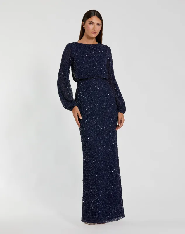 Navy Sequin Blouson Long Sleeve Gown made by Mac Duggal