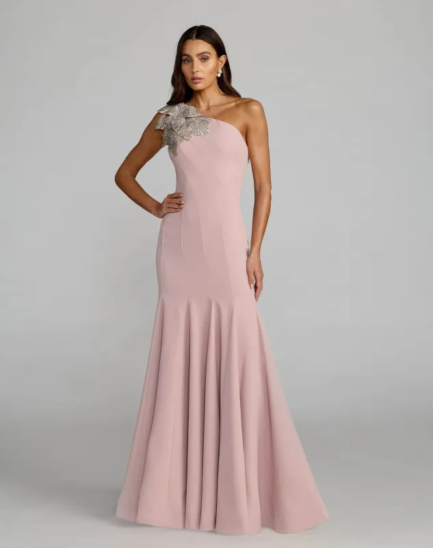 Crepe One Shoulder Gown With Flower Detail made by Mac Duggal