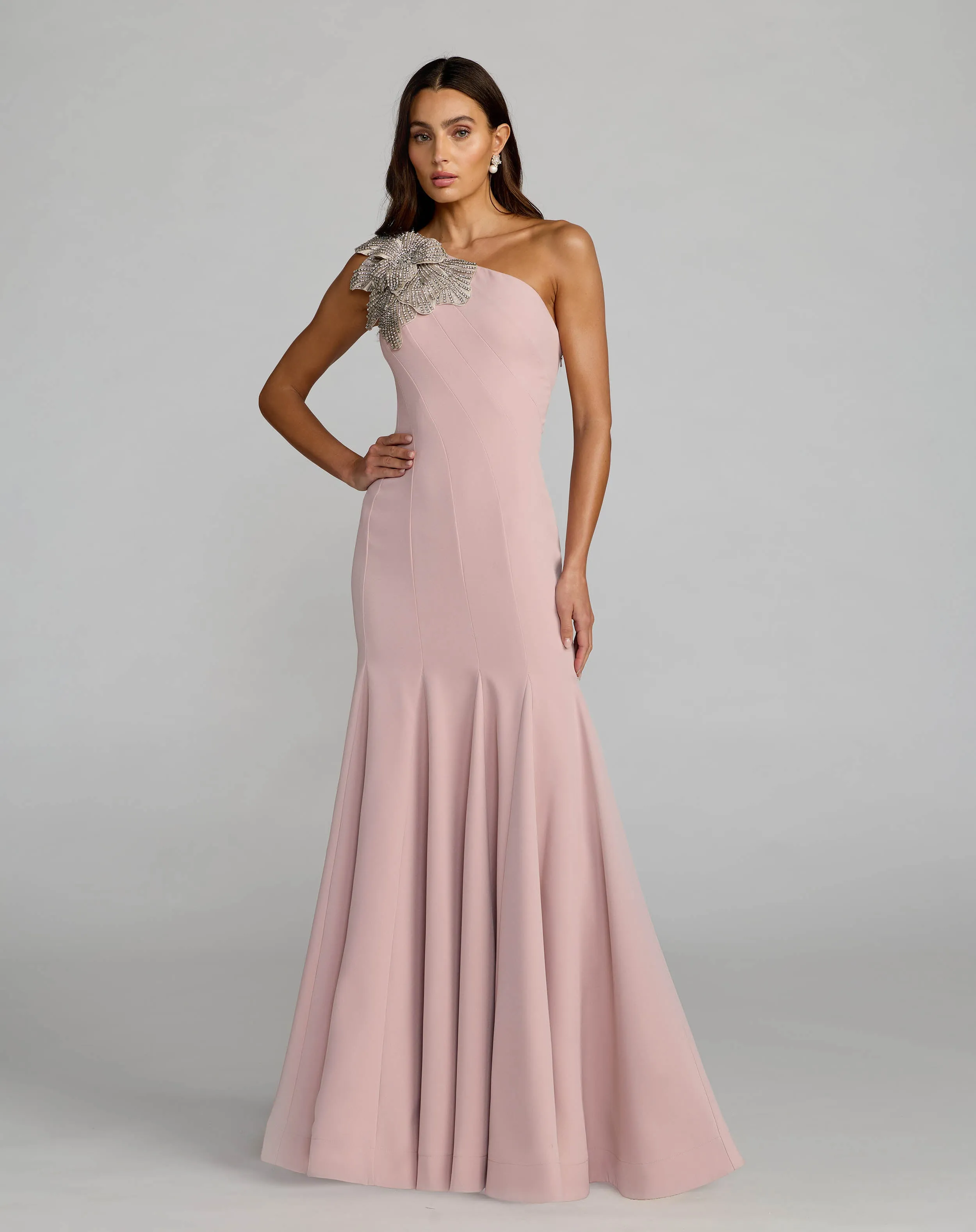 Crepe One Shoulder Gown With Flower Detail sold by Mac Duggal