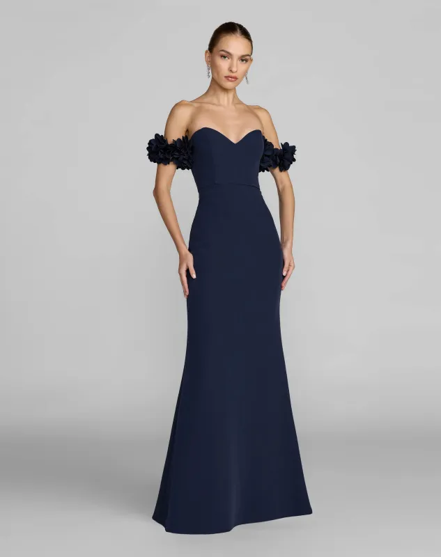 Petite Navy Crepe Off The Shoulder Gown With 3D Flowers made by Mac Duggal