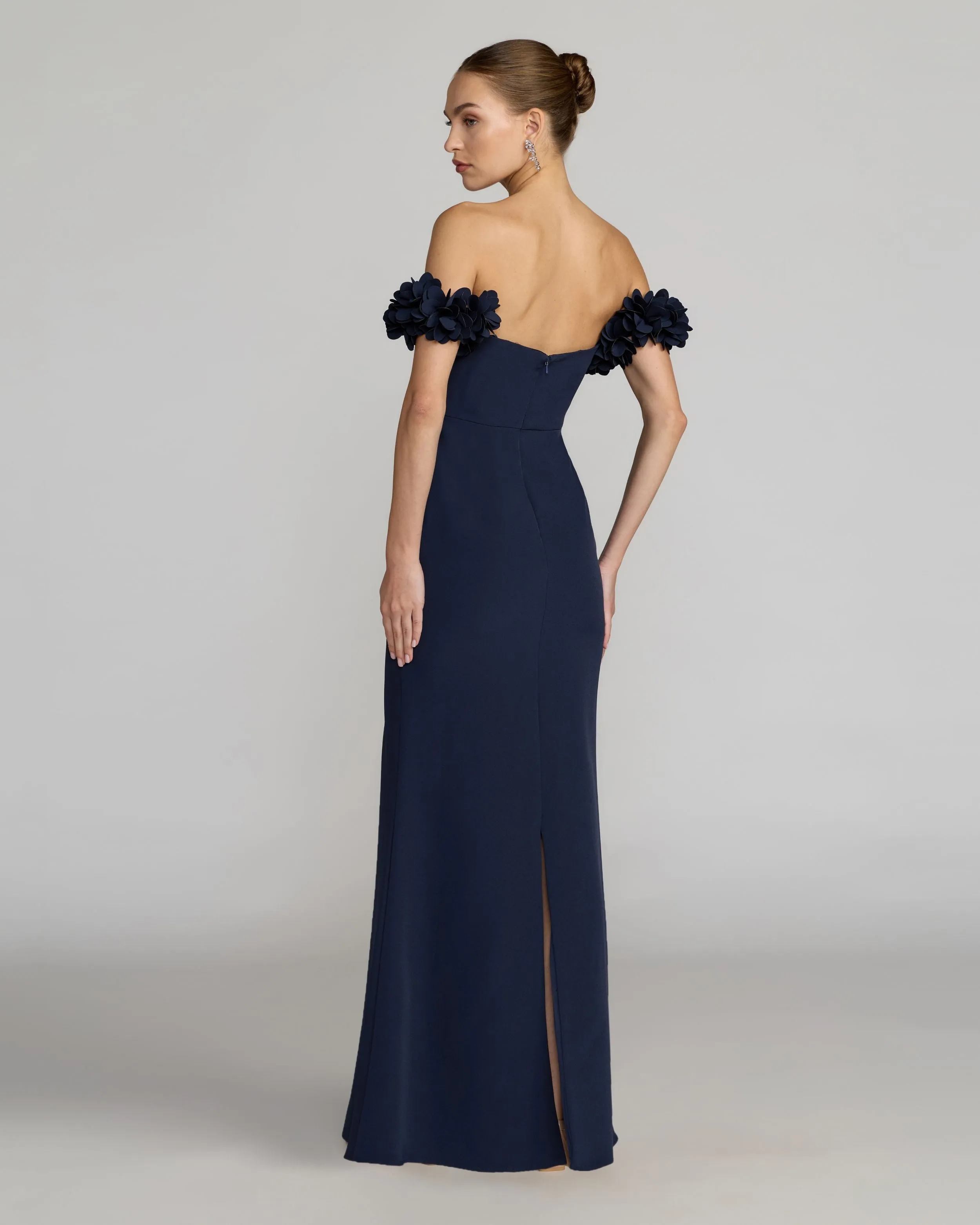Petite Midnight Crepe Off The Shoulder Gown With 3D Flowers sold by Mac Duggal product image thumbnail 3