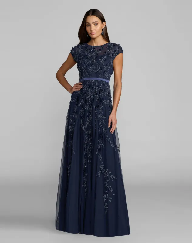 Navy Floral Embellished Cap Sleeve Gown made by Mac Duggal