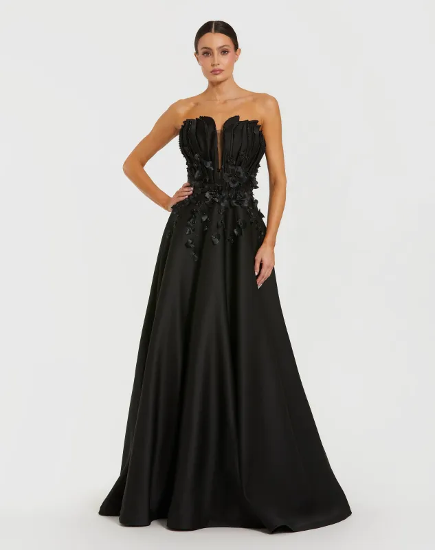 Petite Black Strapless Satin Floral Embellished Ball Gown made by Mac Duggal
