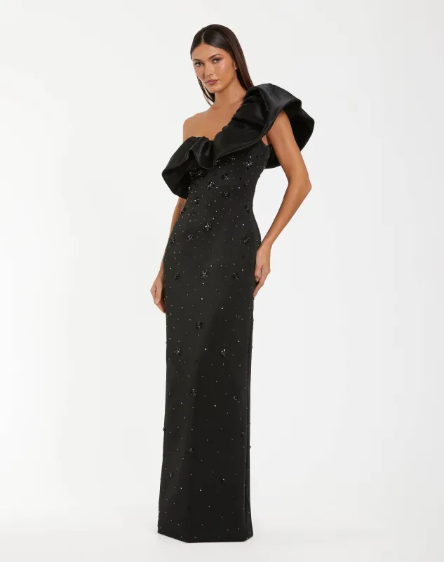 Black Beaded Crepe One Shoulder Gown With Satin Ruffle made by Mac Duggal