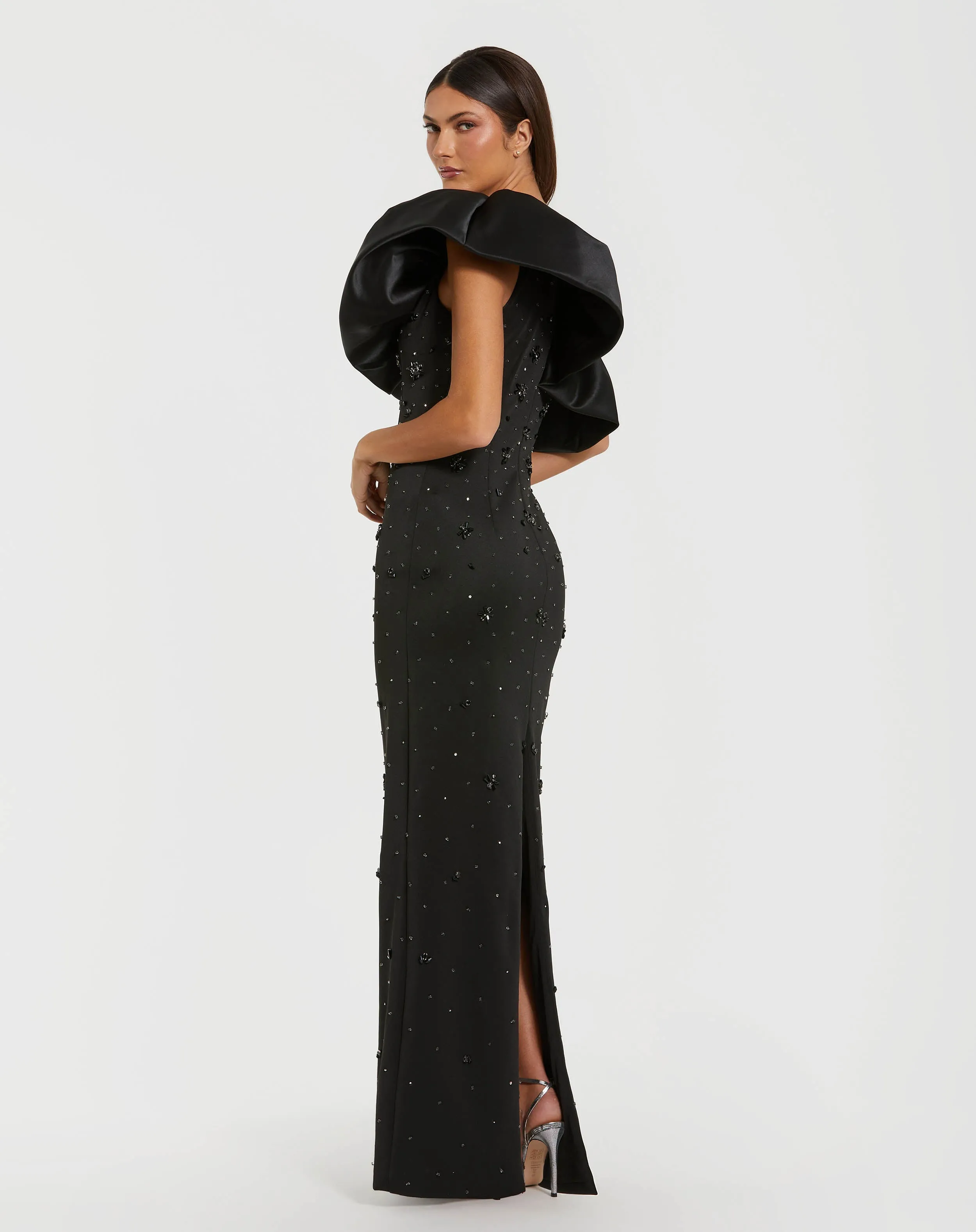 Black Beaded Crepe One Shoulder Gown With Satin Ruffle sold by Mac Duggal product image thumbnail 3