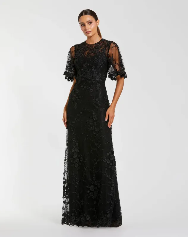 Petite Black Flutter Sleeve Floral Embroidered Net Gown made by Mac Duggal
