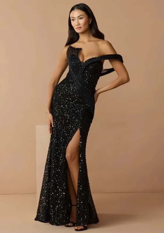 Petite Black Embellished Strapless Gown With Sculptural Drape made by Mac Duggal