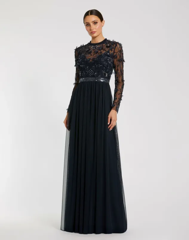 Navy Embellished Illusion High Neck Long Sleeve Gown made by Mac Duggal