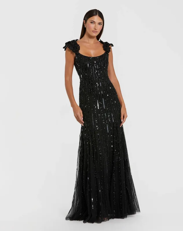 Black Sleeveless Embellished Gown With Floral Accent made by Mac Duggal