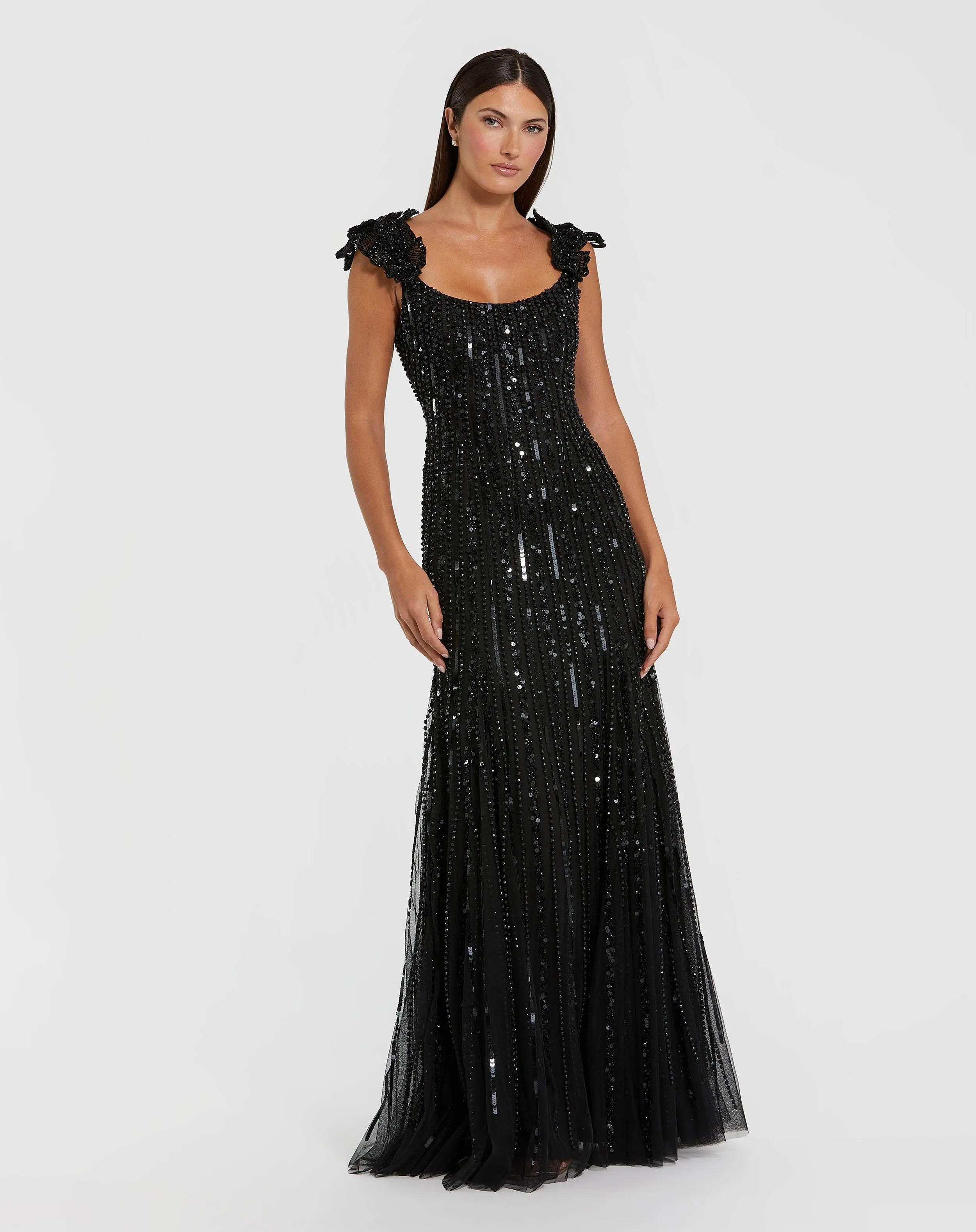 Black Sleeveless Embellished Gown With Floral Accent sold by Mac Duggal