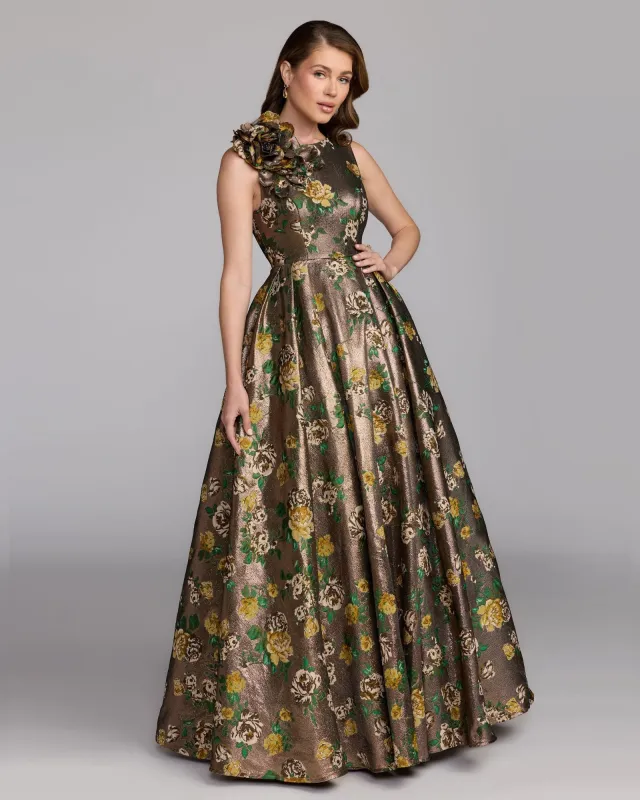 Gold Metallic Ball Gown With 3D Rosette made by Mac Duggal