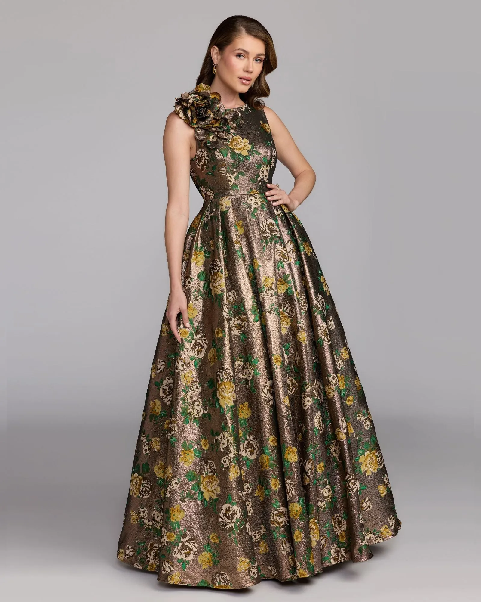 Gold Metallic Ball Gown With 3D Rosette sold by Mac Duggal