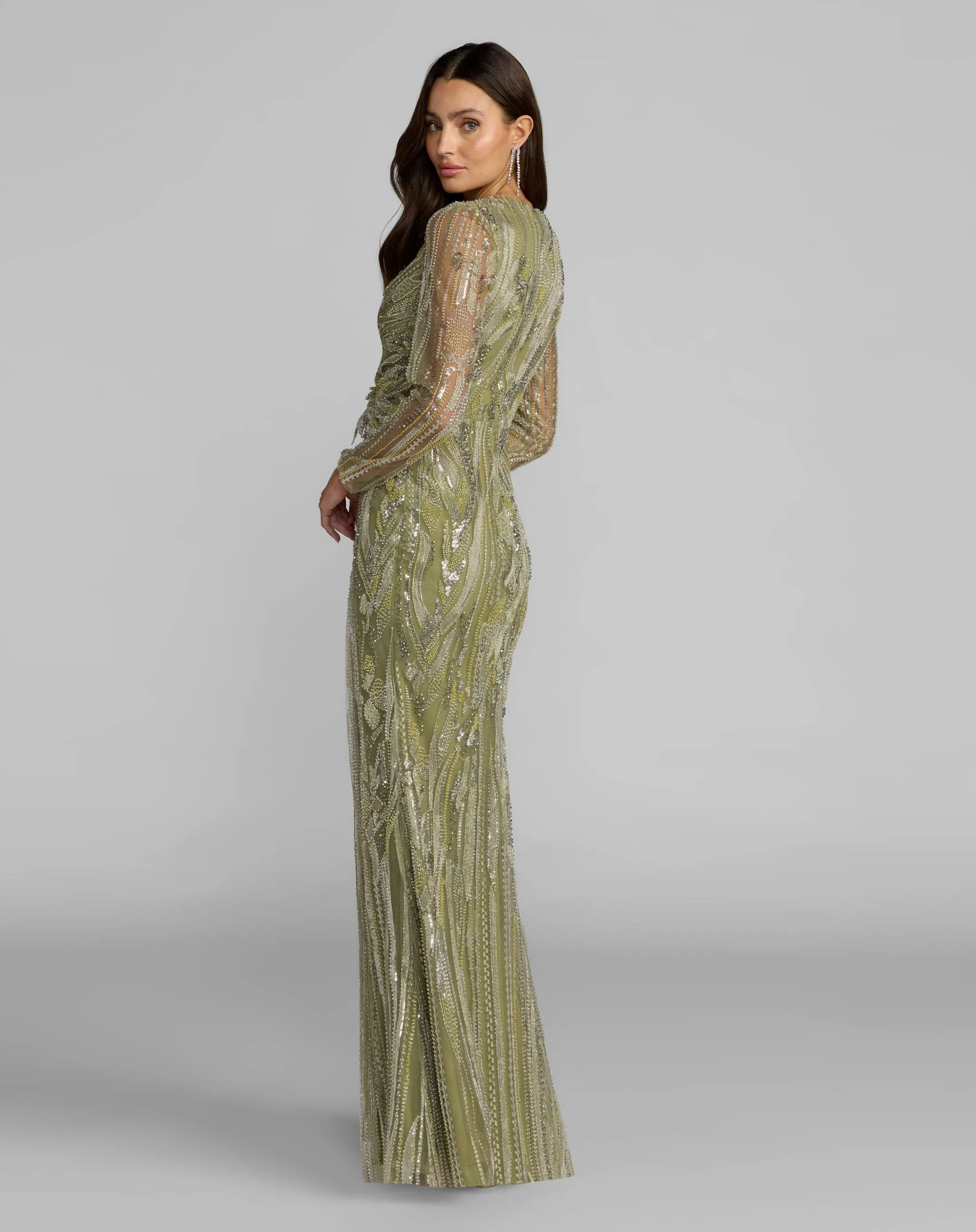 Green Hand Embellished V-Neck Column Gown sold by Mac Duggal product image thumbnail 4