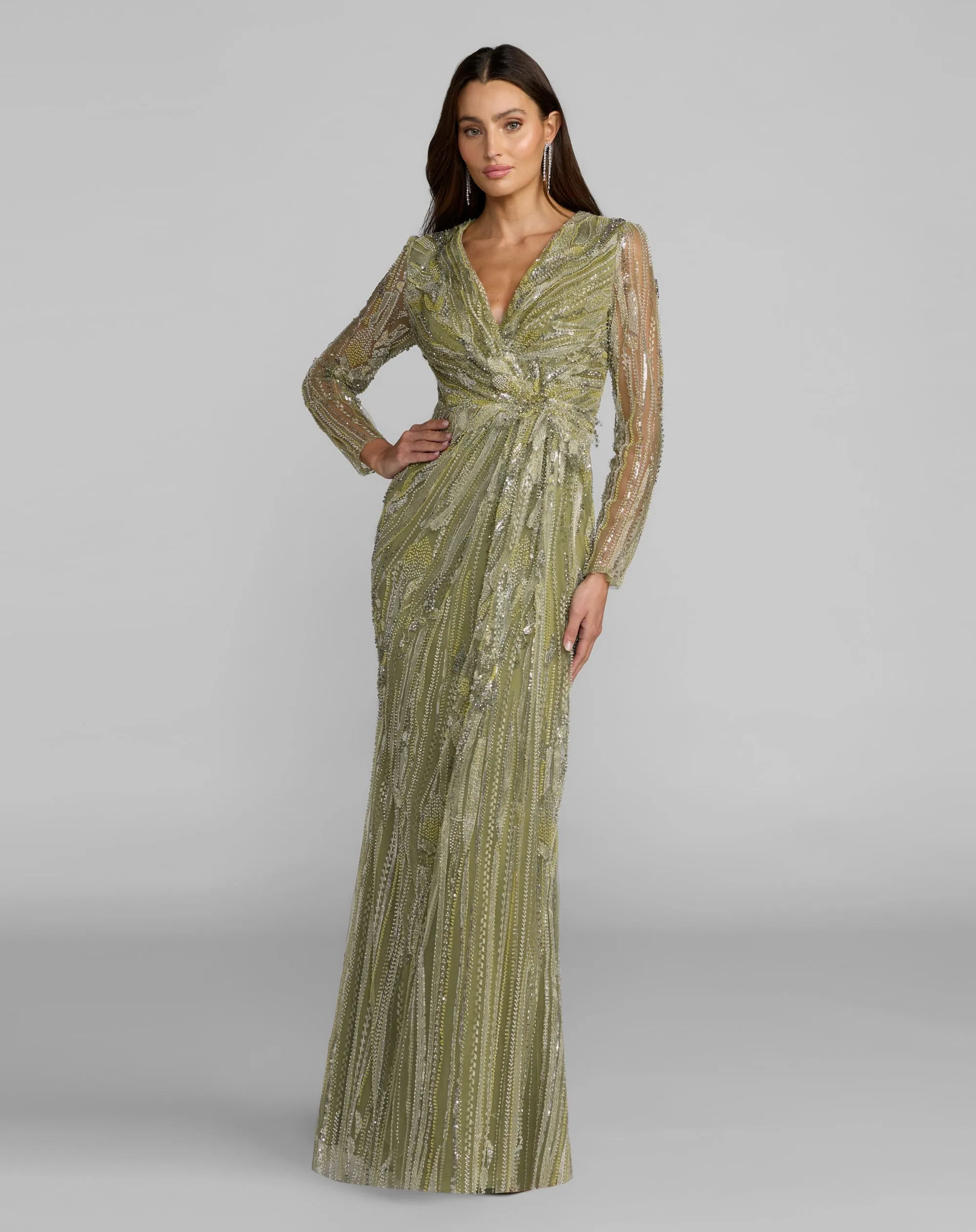 Green Hand Embellished V-Neck Column Gown sold by Mac Duggal