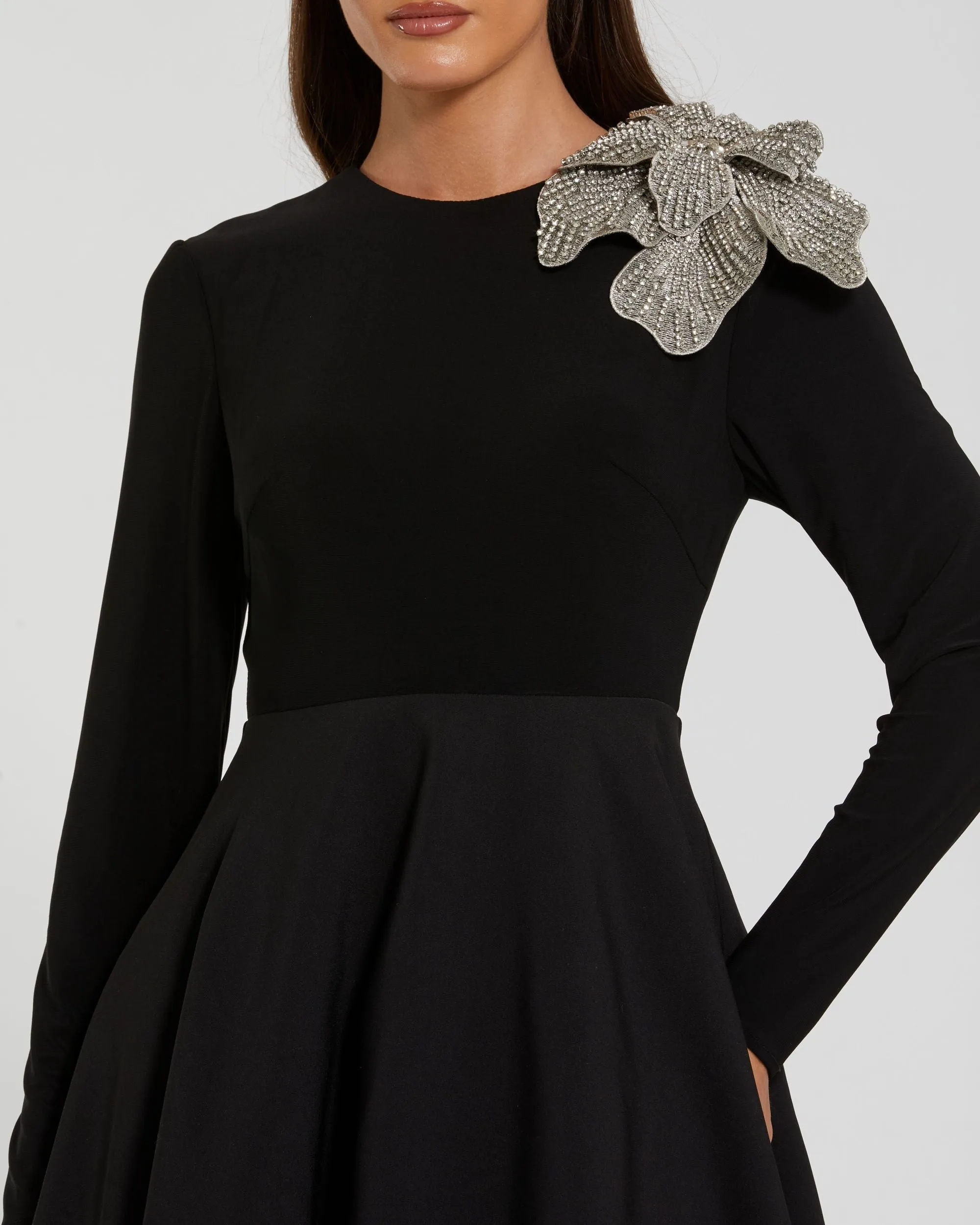 Petite Black Long Sleeve Ball Gown with Rhinestone Flower sold by Mac Duggal product image thumbnail 2