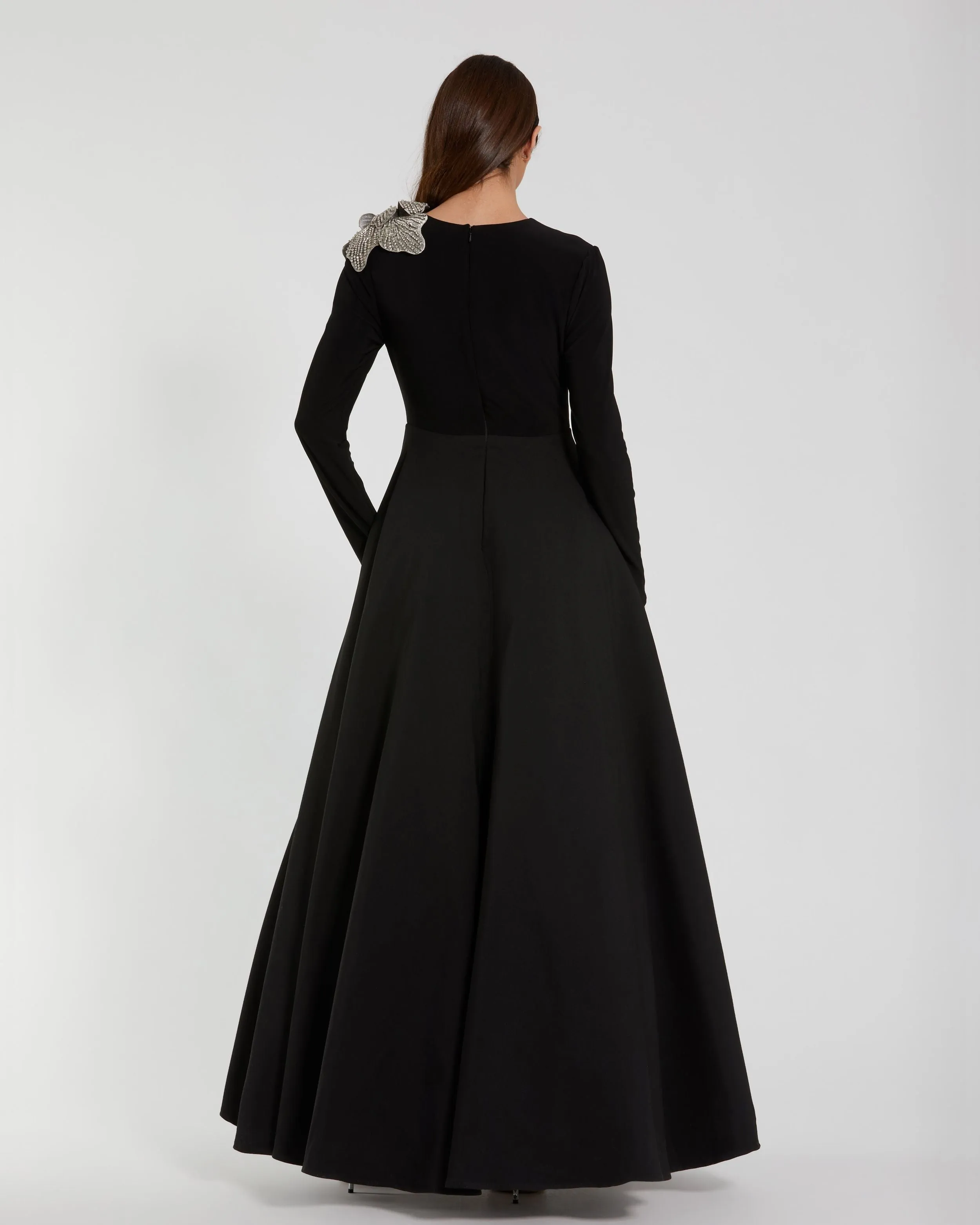 Petite Black Long Sleeve Ball Gown with Rhinestone Flower sold by Mac Duggal product image thumbnail 3