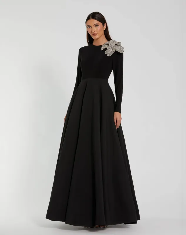 Petite Black Long Sleeve Ball Gown with Rhinestone Flower made by Mac Duggal