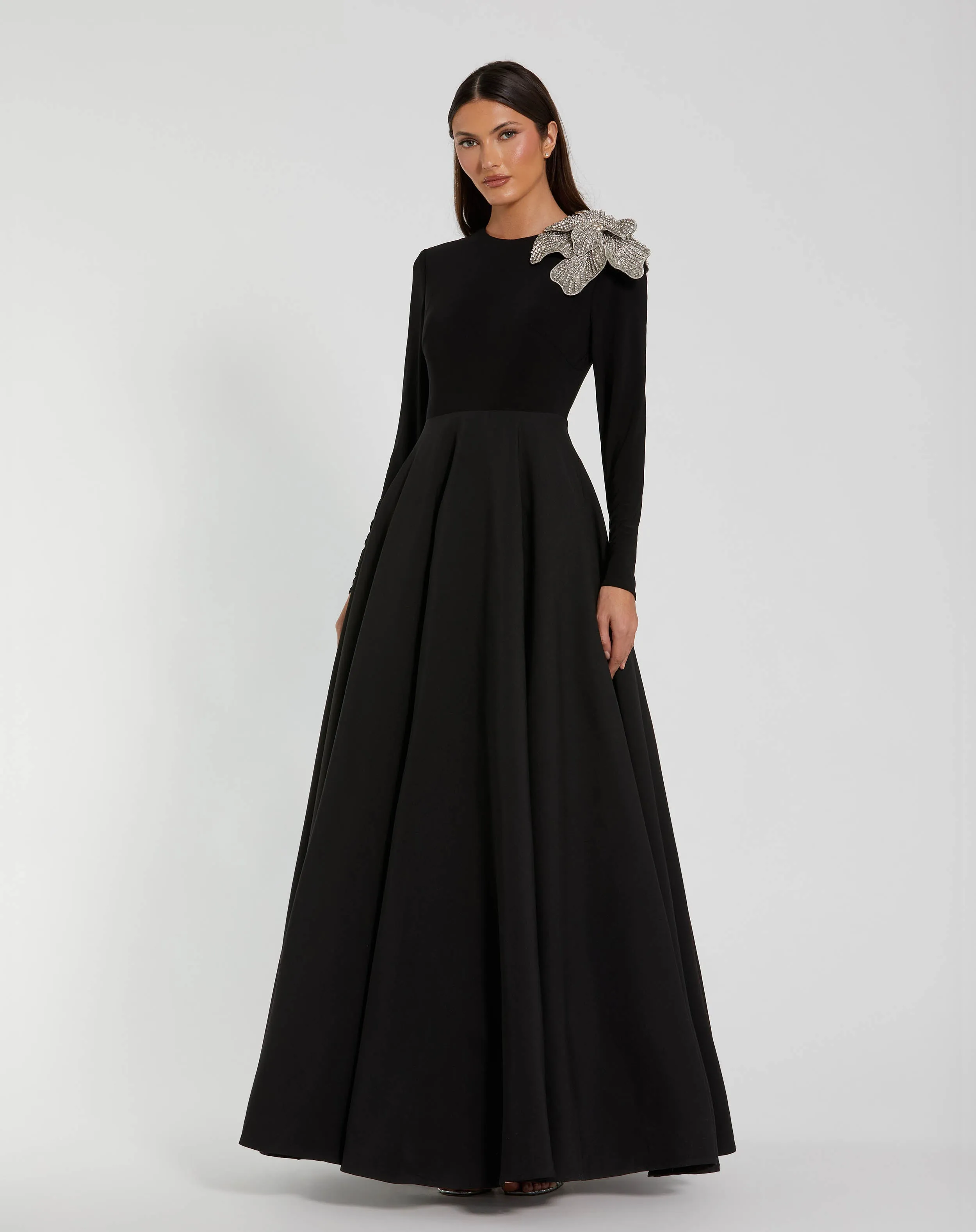 Petite Black Long Sleeve Ball Gown with Rhinestone Flower sold by Mac Duggal