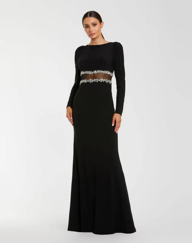 Black Long Sleeve Jersey Gown With Jewel Detail made by Mac Duggal