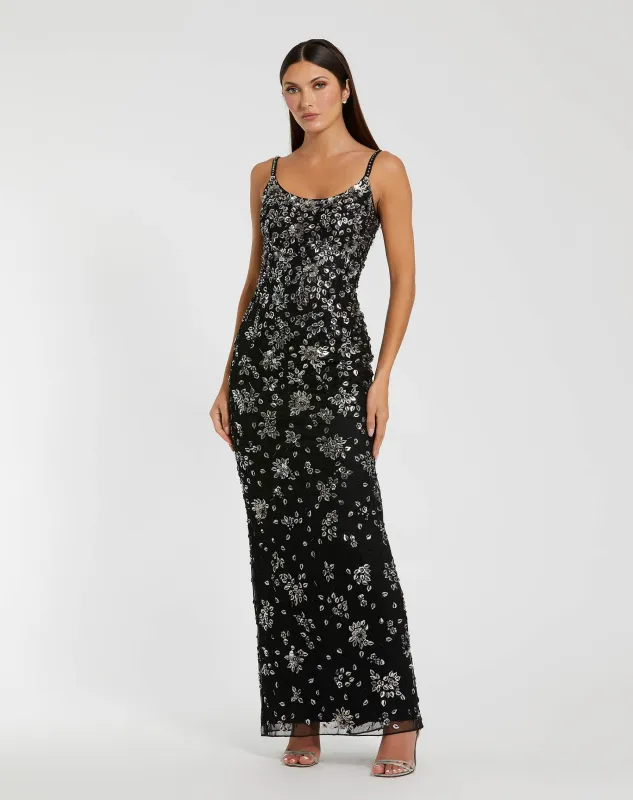 Black Floral Embellished Scoop Neck Evening Gown made by Mac Duggal