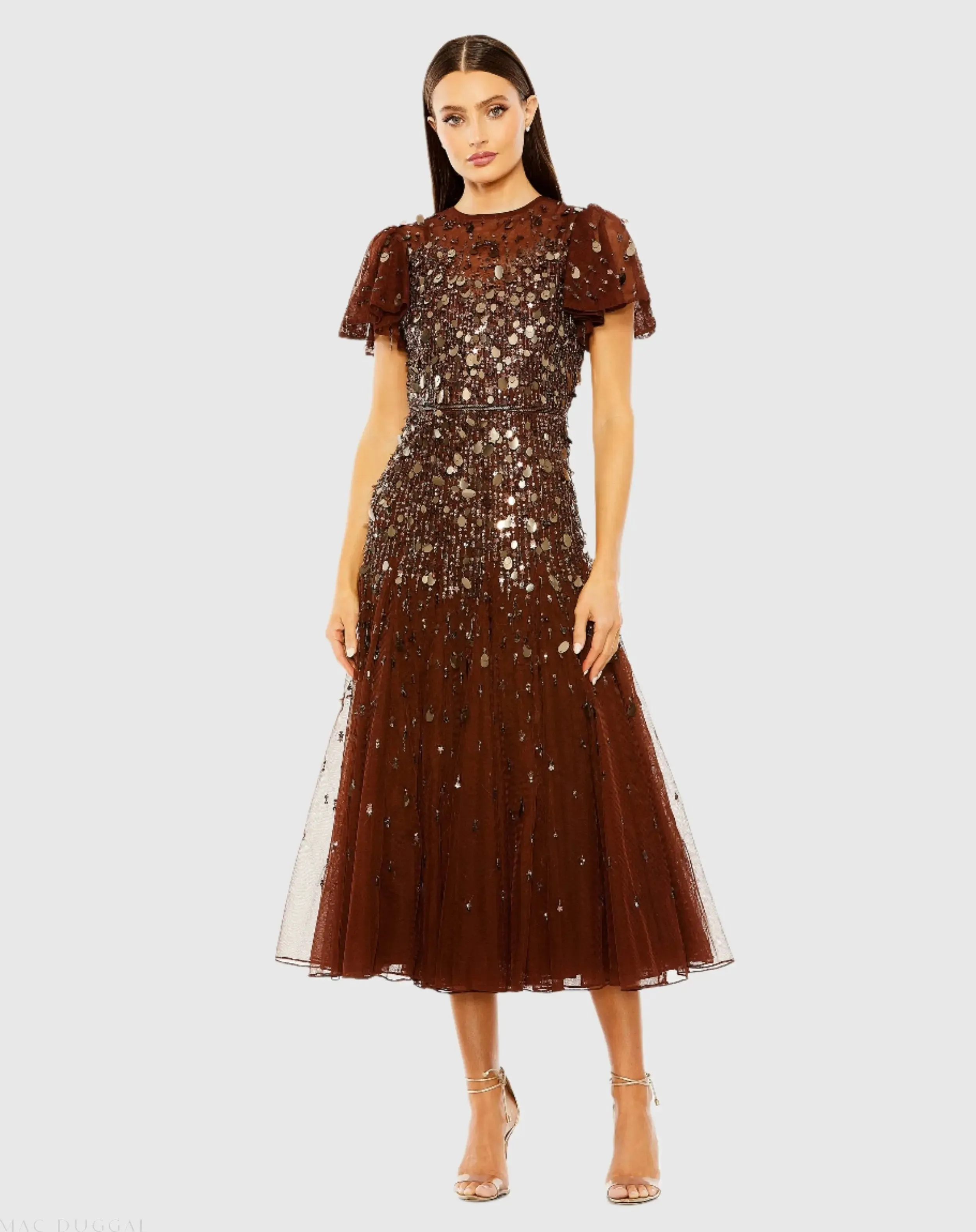 High Neck Flutter Sleeve Embellished Midi Dress sold by Mac Duggal product image thumbnail 2