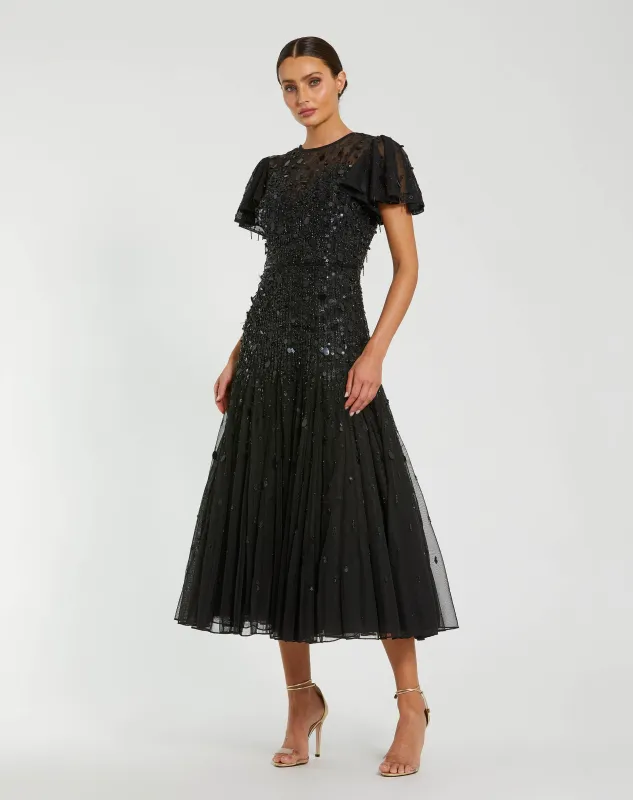 High Neck Flutter Sleeve Embellished Midi Dress made by Mac Duggal