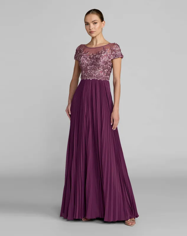 Embroidered Cap Sleeve Pleated Gown made by Mac Duggal
