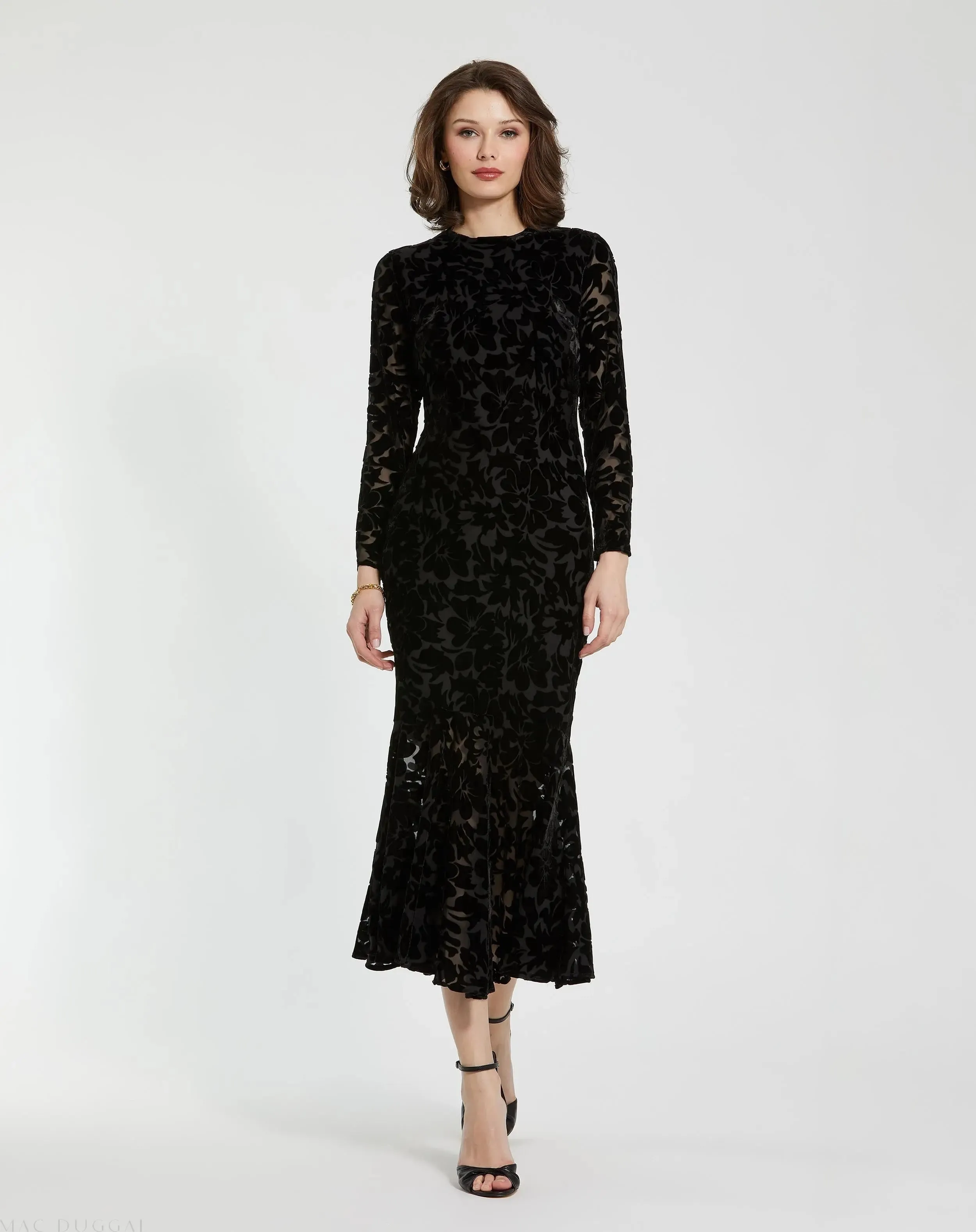 Burnout Velvet Long Sleeve Midi Dress sold by Mac Duggal product image thumbnail 2