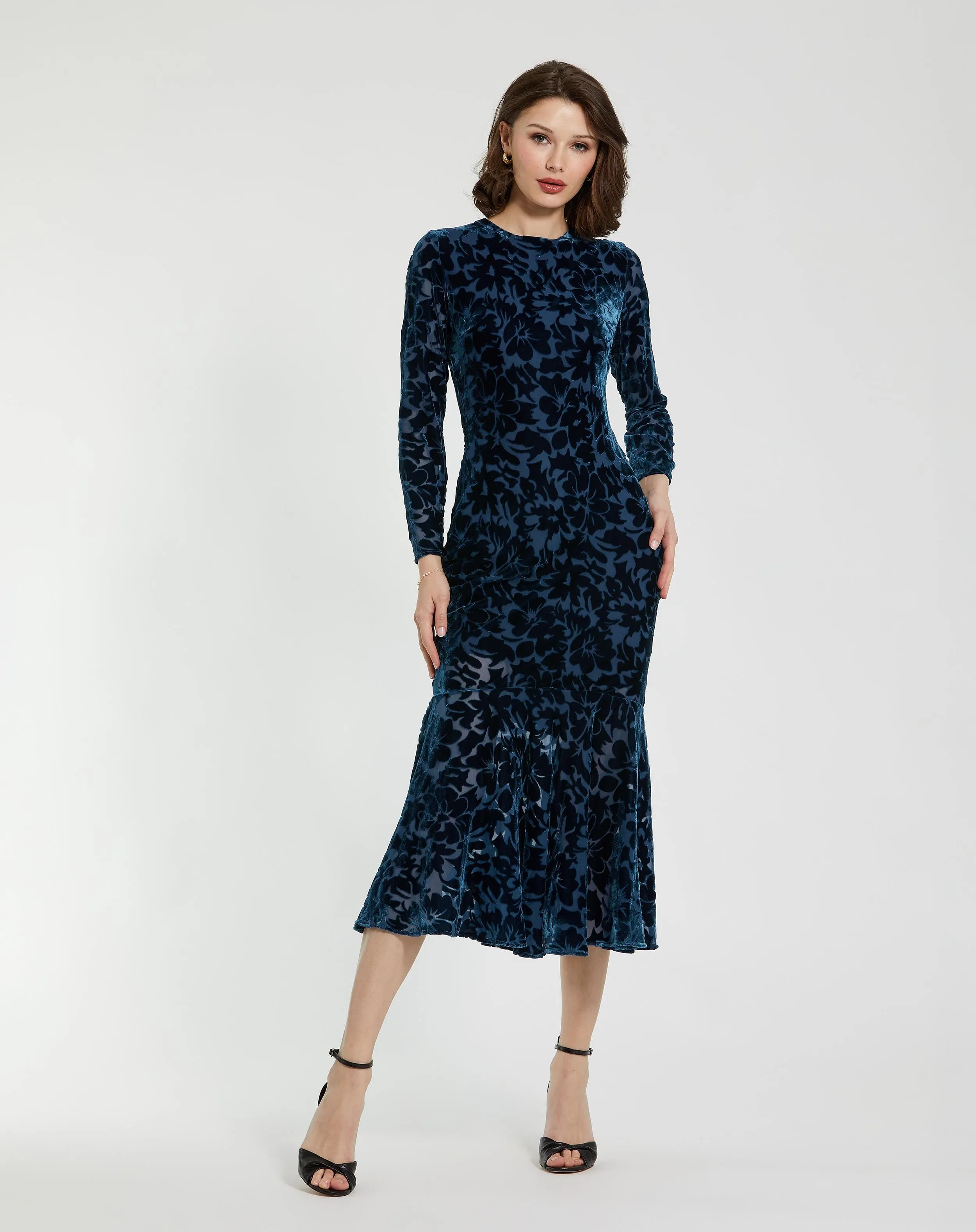 Burnout Velvet Long Sleeve Midi Dress sold by Mac Duggal