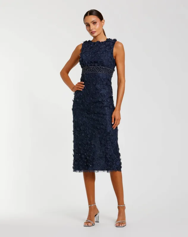 Midnight Floral Applique Sleeveless Midi Dress made by Mac Duggal