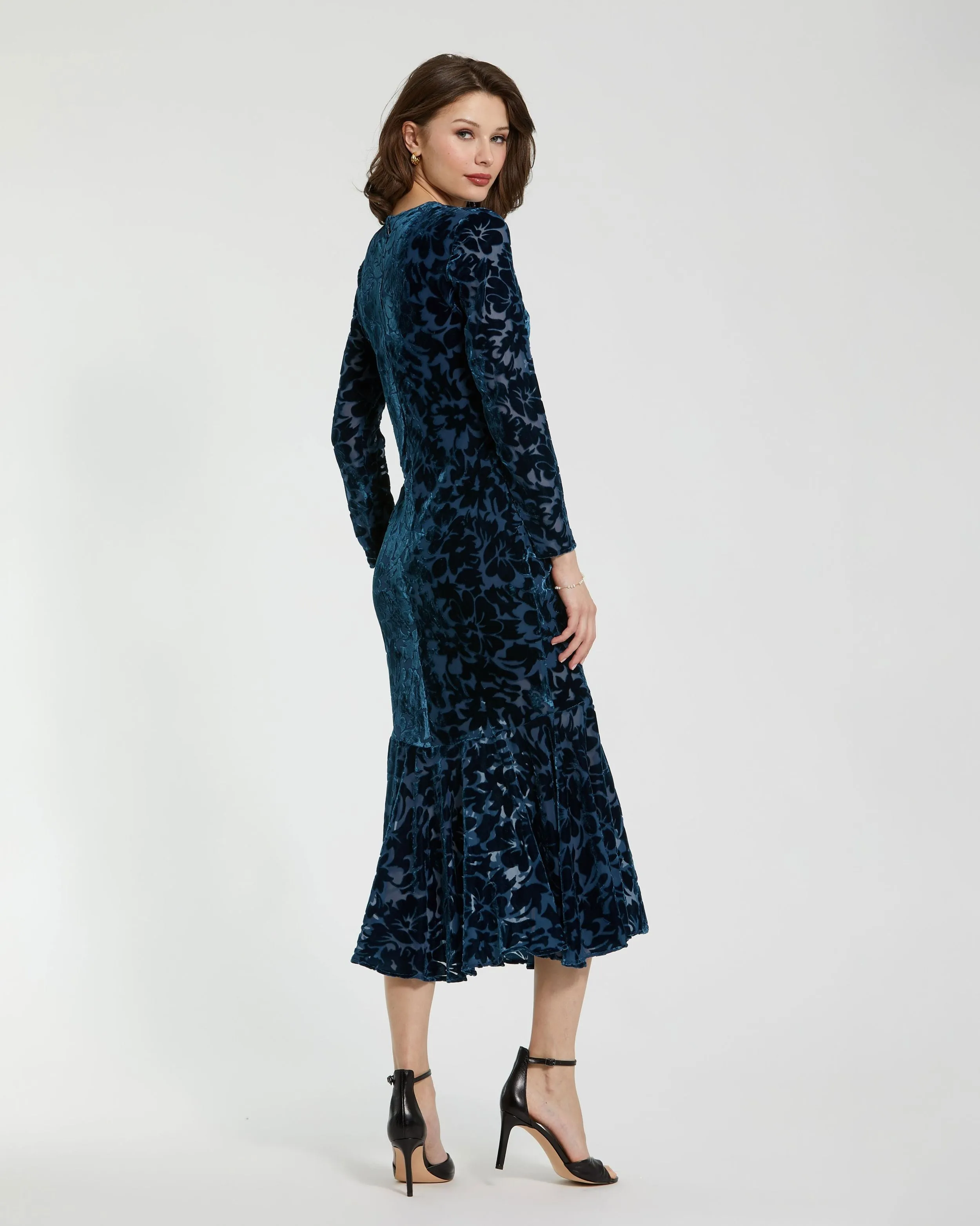 Dark Blue Burnout Velvet Long Sleeve Midi Dress sold by Mac Duggal product image thumbnail 3
