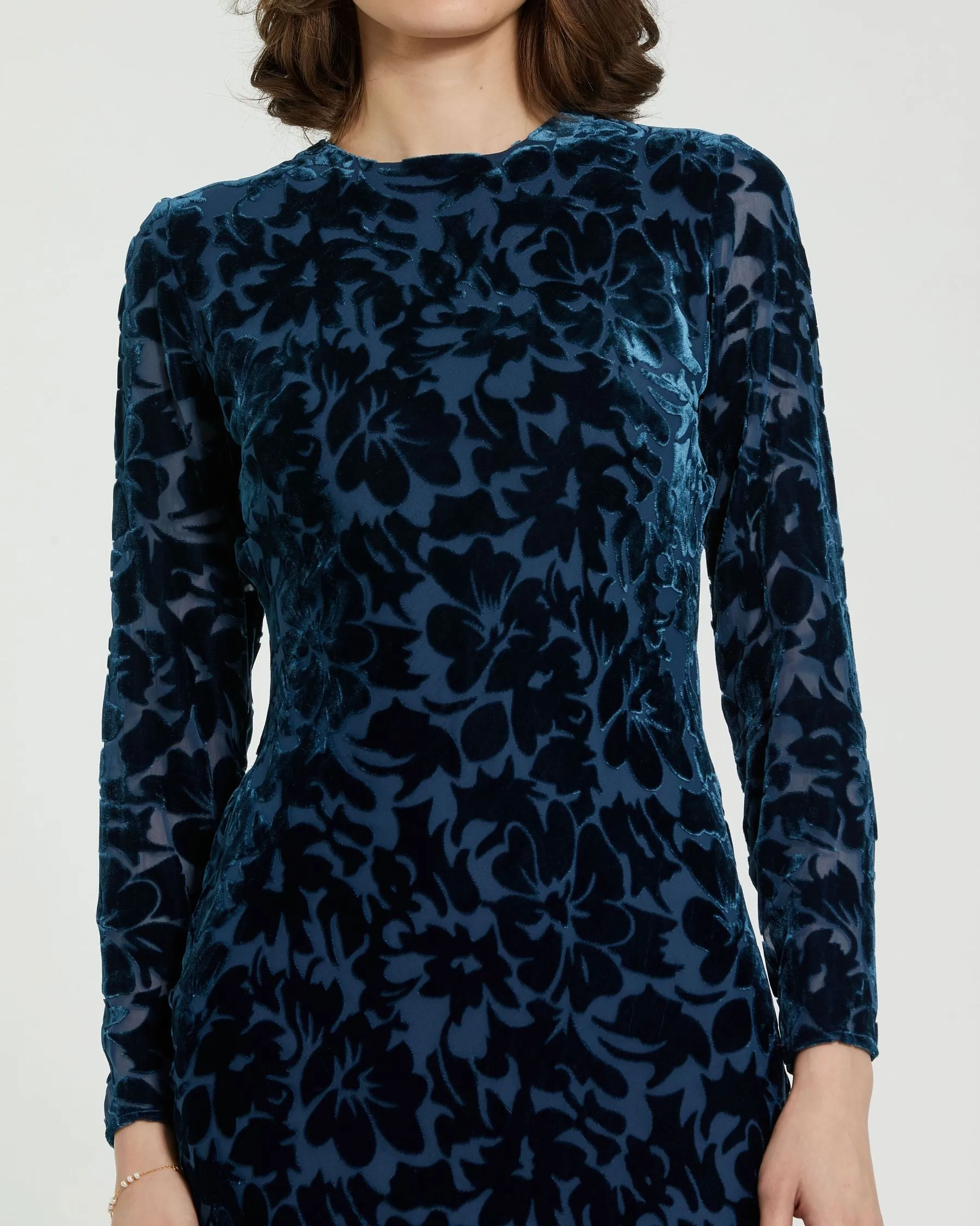 Dark Blue Burnout Velvet Long Sleeve Midi Dress sold by Mac Duggal product image thumbnail 2