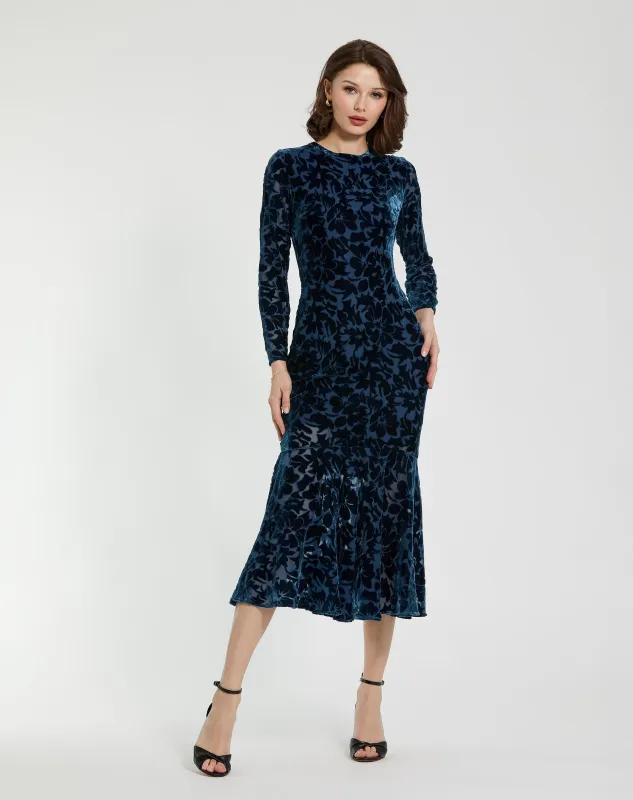 Dark Blue Burnout Velvet Long Sleeve Midi Dress made by Mac Duggal