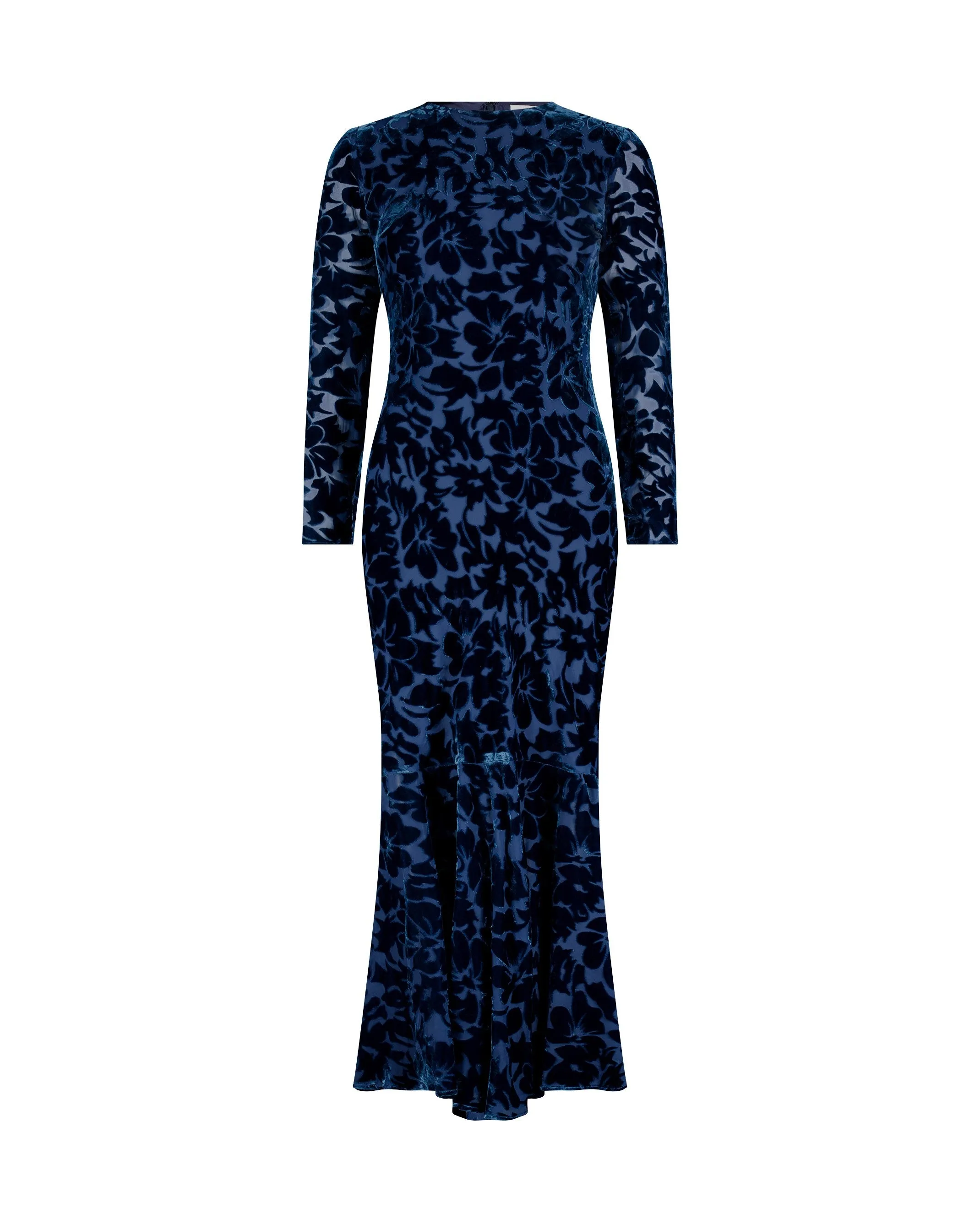 Dark Blue Burnout Velvet Long Sleeve Midi Dress sold by Mac Duggal product image thumbnail 4