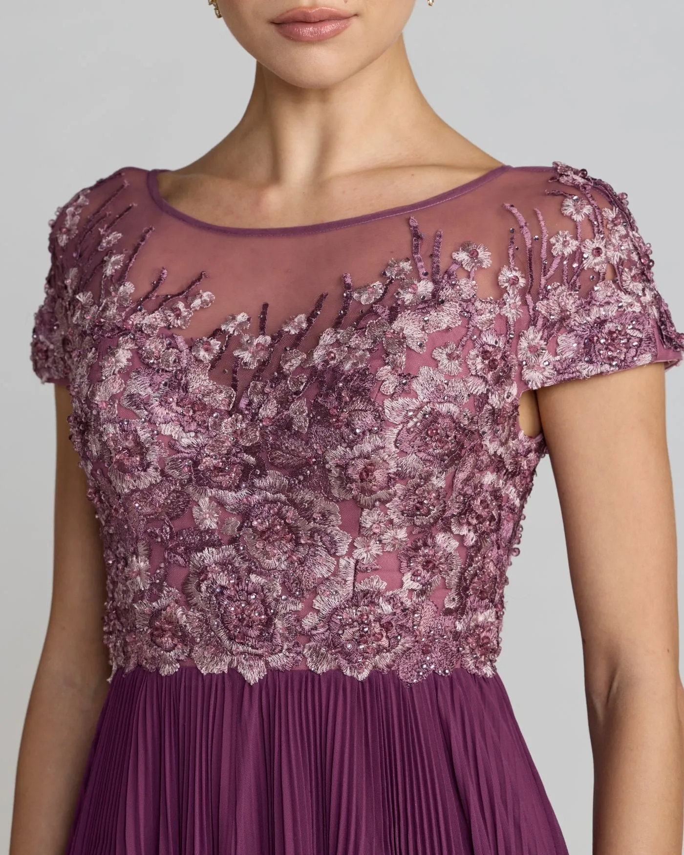 Petite Purple Embroidered Cap Sleeve Pleated Gown sold by Mac Duggal product image thumbnail 2
