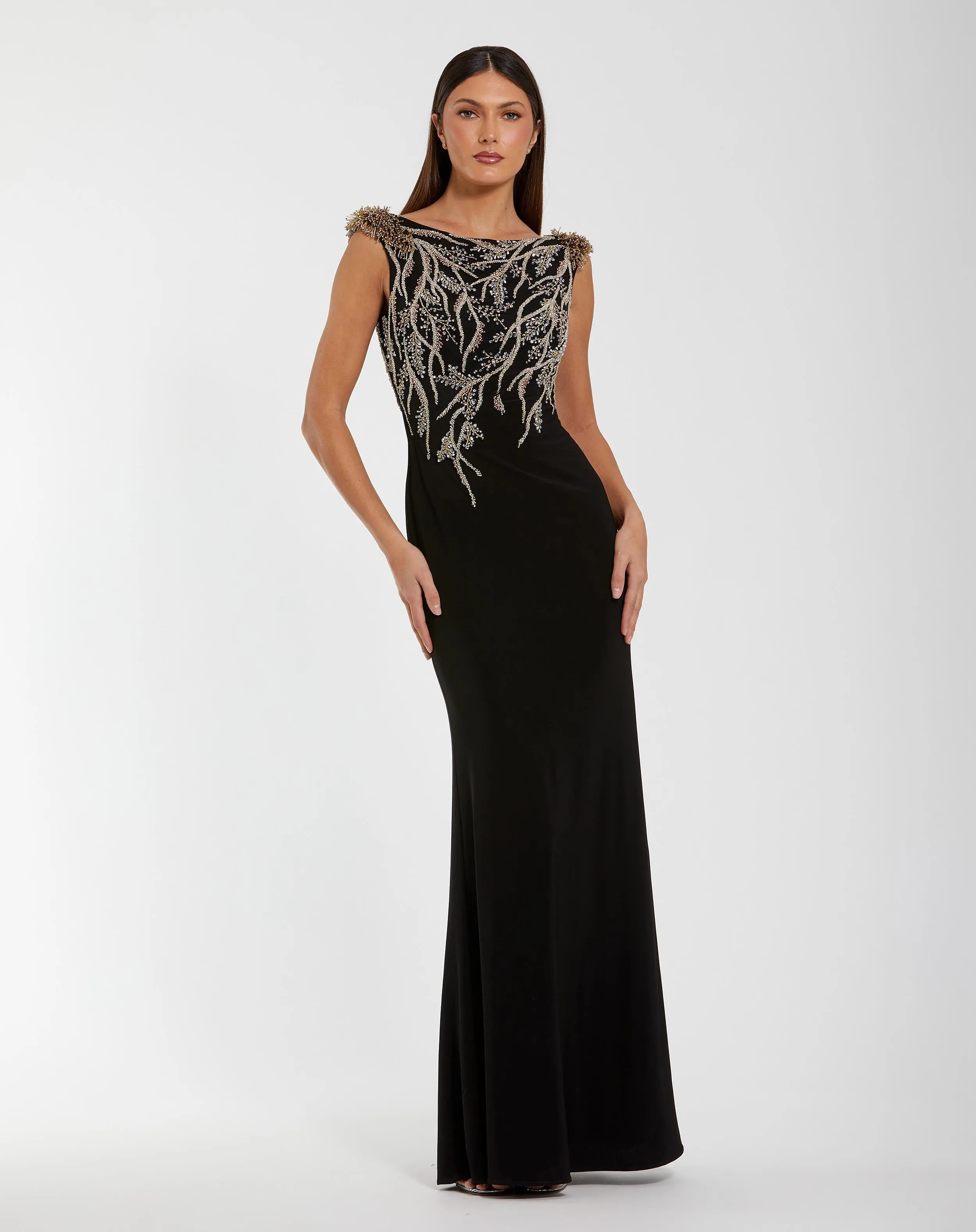 Black Hand Beaded Cap Sleeve Jersey Gown sold by Mac Duggal