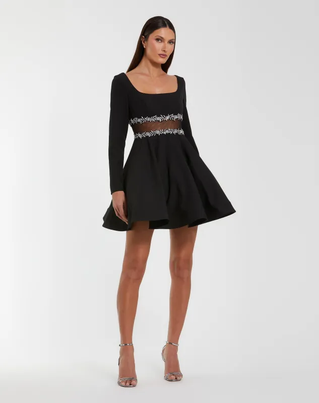 Black Long Sleeve Crepe Mini Dress With Jewel Detail made by Mac Duggal
