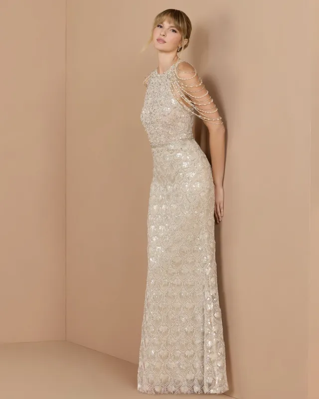 Draped Pearl Embellished Column Gown made by Mac Duggal