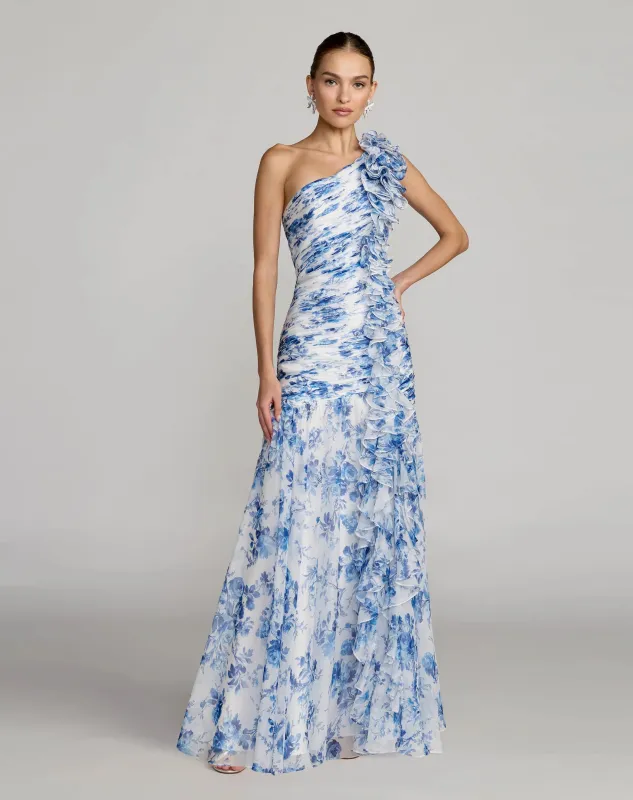 Ruched Floral Chiffon Gown With 3D Ruffles made by Mac Duggal