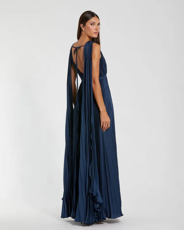 Midnight Pleated Cape Back Gown made by Mac Duggal